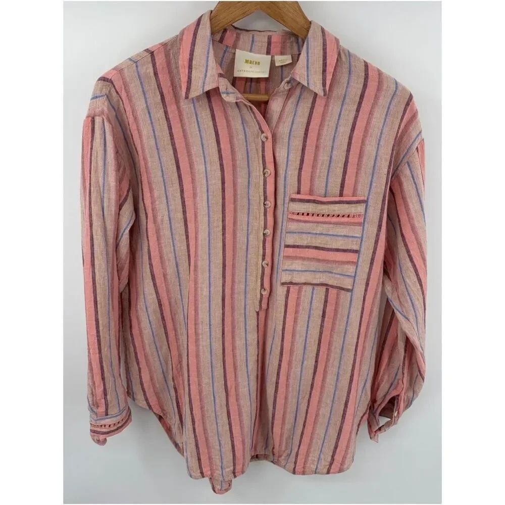 Anthropologie Maeve Lida linen blend pink striped 1/4 button blouse women’s S